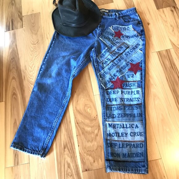 Women’s Patchwork Jeans, Size 16P: 1980s Rock Band Patches, Retro Hippie Pants - Picture 10 of 11